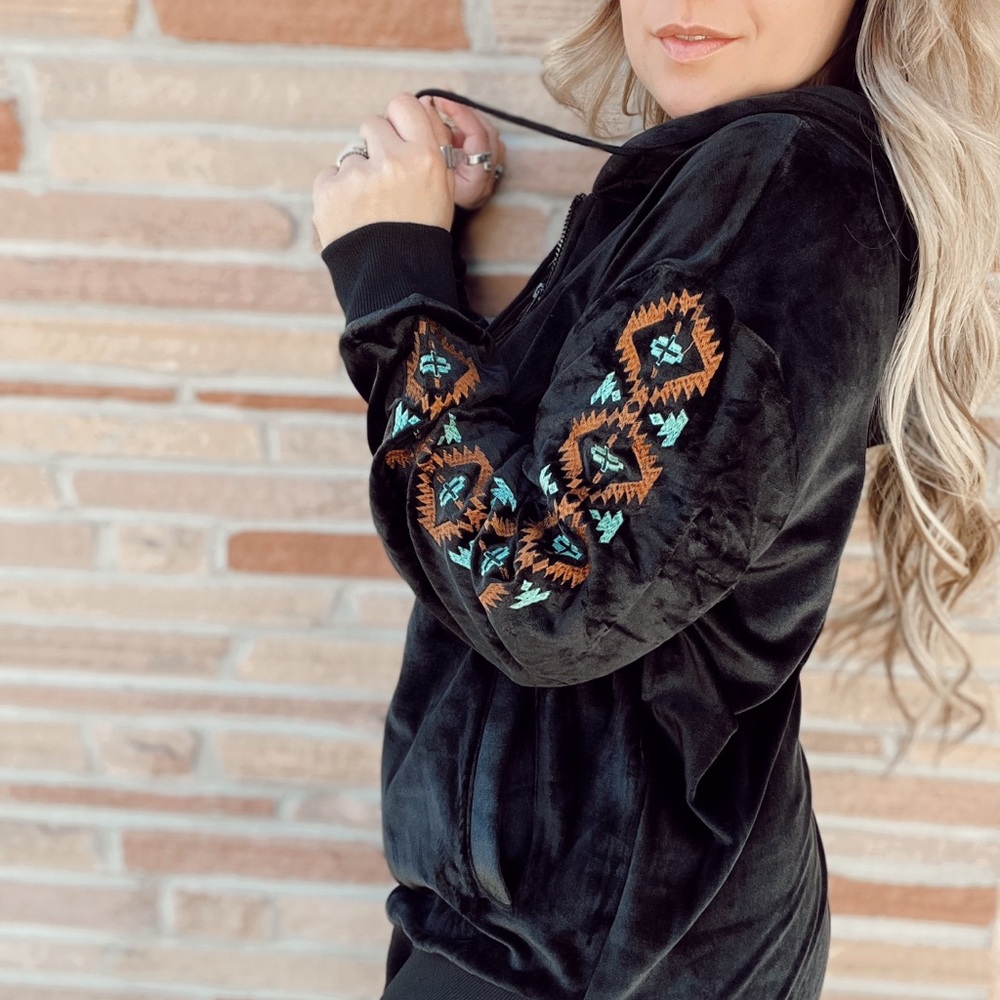 Stylish Black Velvet Bomber Jacket with Embroidery
